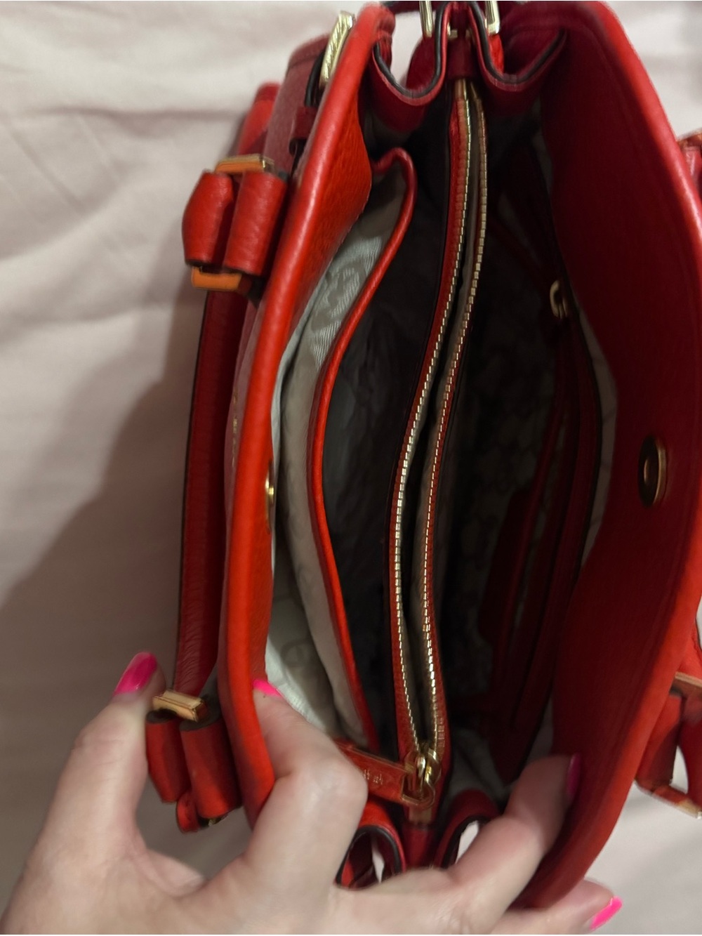 Michael Kors Red Pebbled Leather Dome Satchel with Gold-Tone Hardware - Picture 5 of 7
